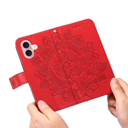 For iPhone 16 Seven-petal Flowers Embossing Leather Phone Case(Red) - iPhone 16 Cases by buy2fix | Online Shopping UK | buy2fix