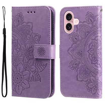 For iPhone 16 Seven-petal Flowers Embossing Leather Phone Case(Light Purple) - iPhone 16 Cases by buy2fix | Online Shopping UK | buy2fix