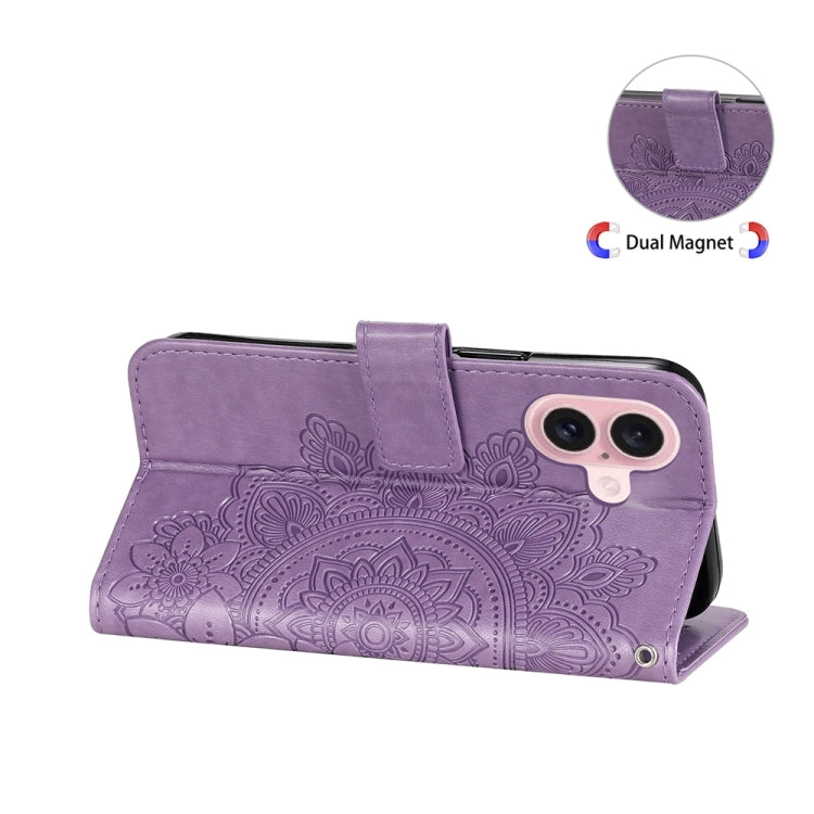 For iPhone 16 Seven-petal Flowers Embossing Leather Phone Case(Light Purple) - iPhone 16 Cases by buy2fix | Online Shopping UK | buy2fix