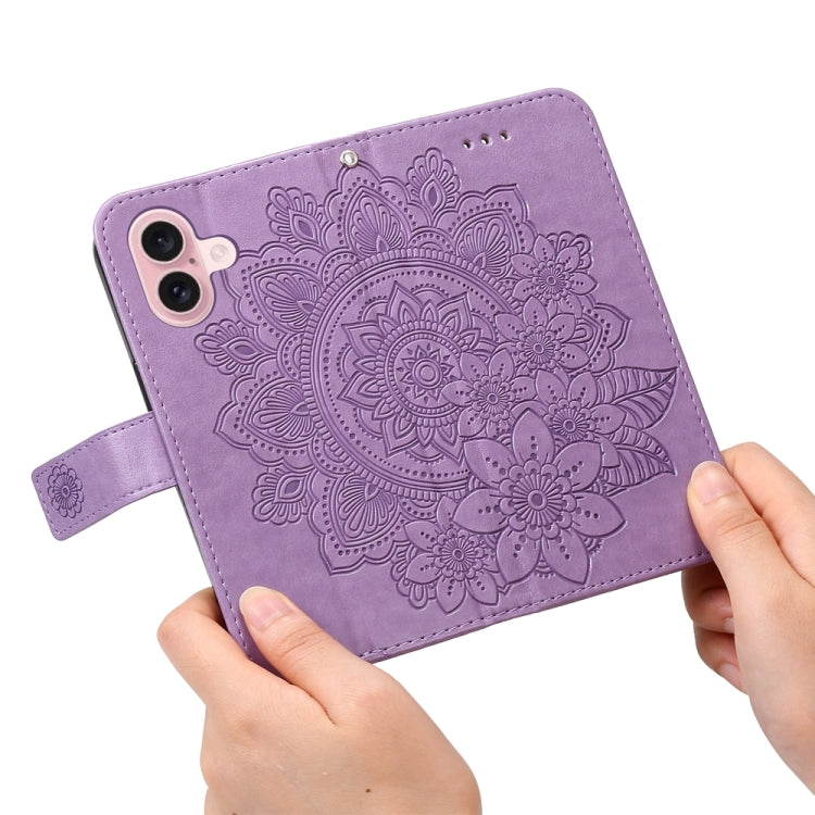 For iPhone 16 Seven-petal Flowers Embossing Leather Phone Case(Light Purple) - iPhone 16 Cases by buy2fix | Online Shopping UK | buy2fix