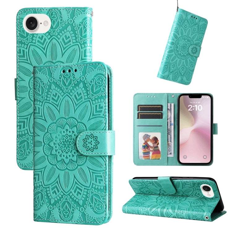 For iPhone 16e Embossed Sunflower Leather Phone Case(Green) - iPhone 16e Cases by buy2fix | Online Shopping UK | buy2fix