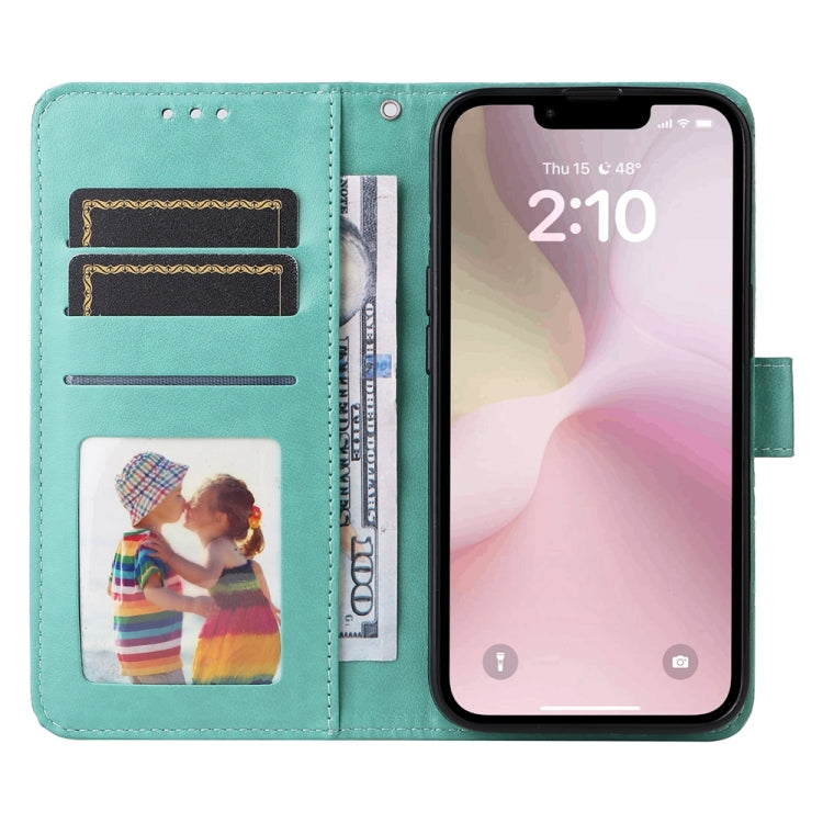 For iPhone 16e Embossed Sunflower Leather Phone Case(Green) - iPhone 16e Cases by buy2fix | Online Shopping UK | buy2fix