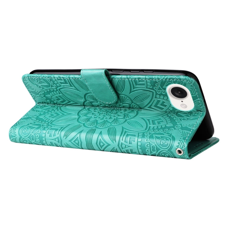 For iPhone 16e Embossed Sunflower Leather Phone Case(Green) - iPhone 16e Cases by buy2fix | Online Shopping UK | buy2fix