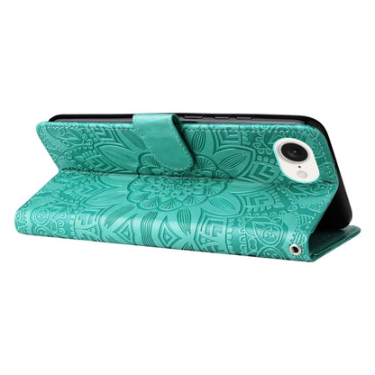 For iPhone 16e Embossed Sunflower Leather Phone Case(Green) - iPhone 16e Cases by buy2fix | Online Shopping UK | buy2fix