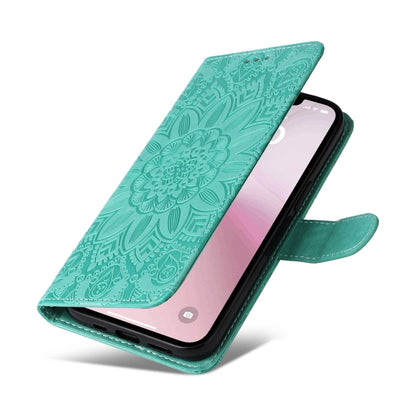 For iPhone 16e Embossed Sunflower Leather Phone Case(Green) - iPhone 16e Cases by buy2fix | Online Shopping UK | buy2fix