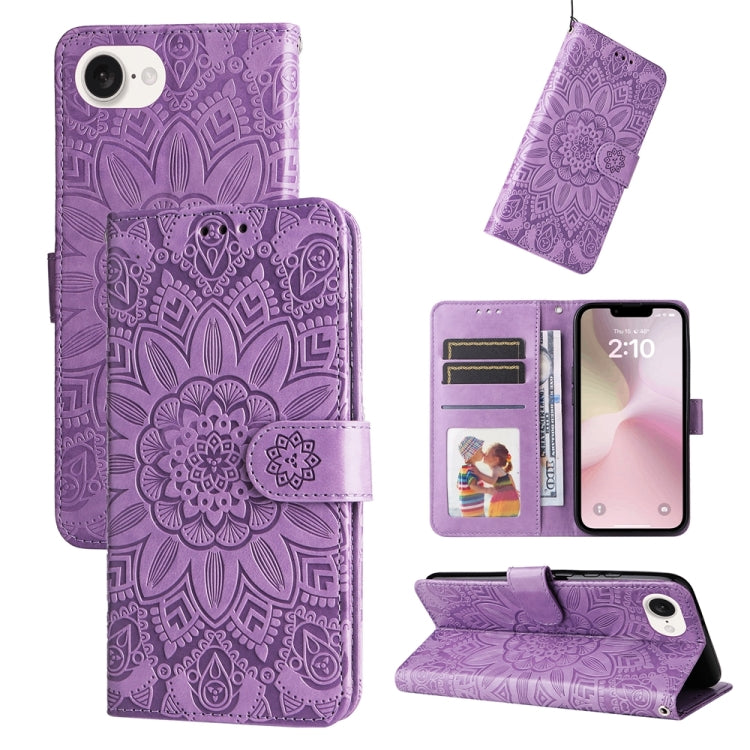 For iPhone 16e Embossed Sunflower Leather Phone Case(Purple) - iPhone 16e Cases by buy2fix | Online Shopping UK | buy2fix