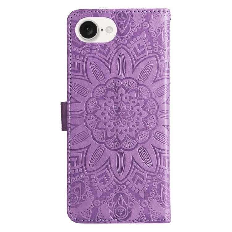 For iPhone 16e Embossed Sunflower Leather Phone Case(Purple) - iPhone 16e Cases by buy2fix | Online Shopping UK | buy2fix