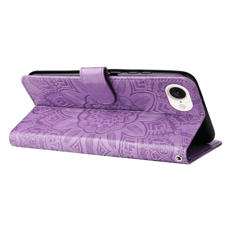 For iPhone 16e Embossed Sunflower Leather Phone Case(Purple) - iPhone 16e Cases by buy2fix | Online Shopping UK | buy2fix