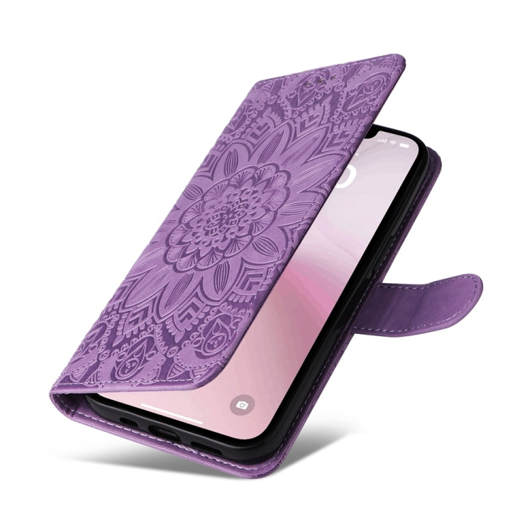For iPhone 16e Embossed Sunflower Leather Phone Case(Purple) - iPhone 16e Cases by buy2fix | Online Shopping UK | buy2fix