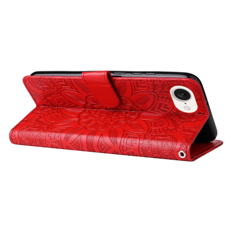 For iPhone 16e Embossed Sunflower Leather Phone Case(Red) - iPhone 16e Cases by buy2fix | Online Shopping UK | buy2fix