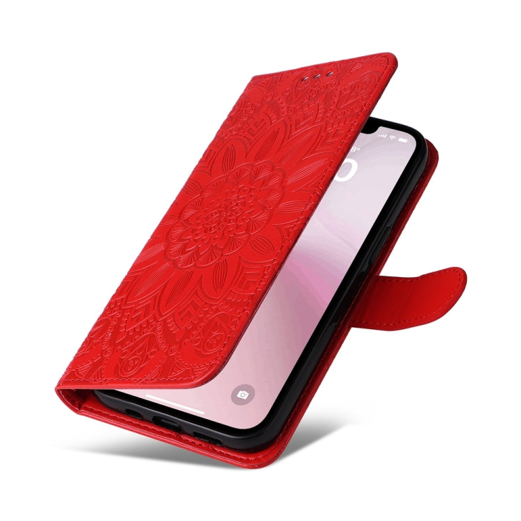 For iPhone 16e Embossed Sunflower Leather Phone Case(Red) - iPhone 16e Cases by buy2fix | Online Shopping UK | buy2fix