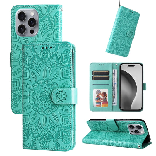 For iPhone 16 Pro Max Embossed Sunflower Leather Phone Case(Green) by buy2fix