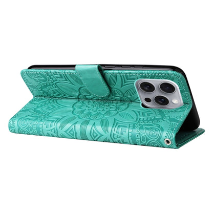 For iPhone 16 Pro Max Embossed Sunflower Leather Phone Case(Green) by buy2fix