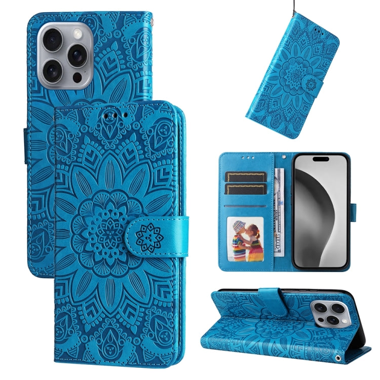 For iPhone 16 Pro Max Embossed Sunflower Leather Phone Case(Blue) by buy2fix