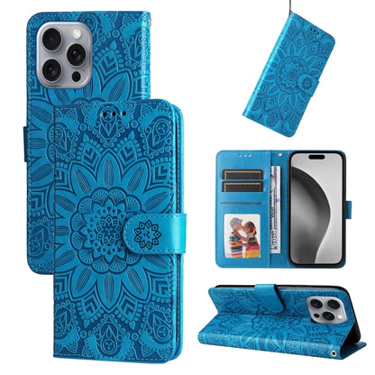 For iPhone 16 Pro Max Embossed Sunflower Leather Phone Case(Blue) by buy2fix