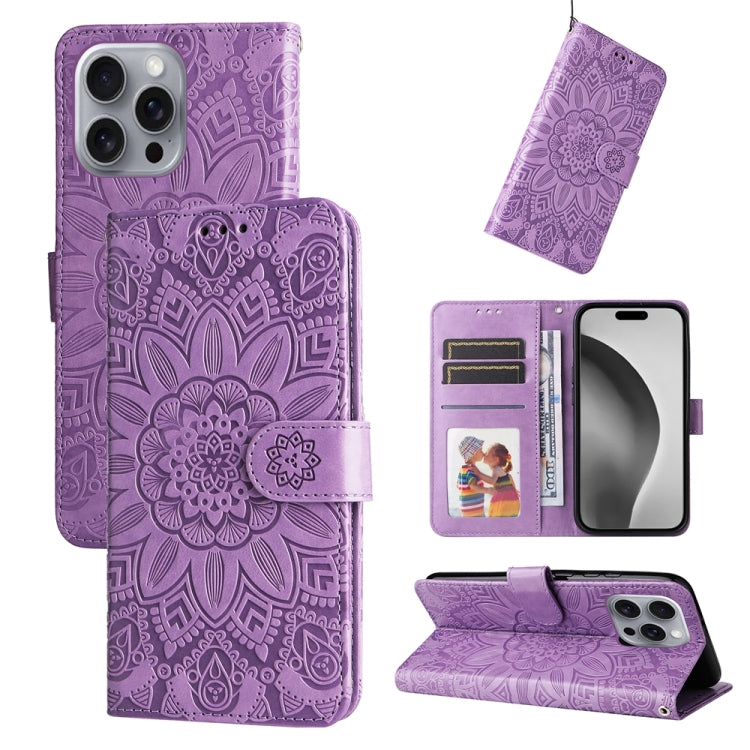 For iPhone 16 Pro Max Embossed Sunflower Leather Phone Case(Purple) by buy2fix