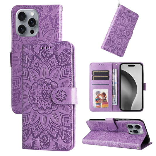 For iPhone 16 Pro Max Embossed Sunflower Leather Phone Case(Purple) by buy2fix