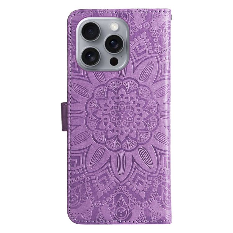 For iPhone 16 Pro Max Embossed Sunflower Leather Phone Case(Purple) by buy2fix