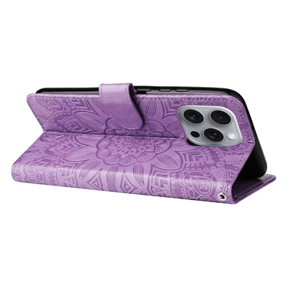 For iPhone 16 Pro Max Embossed Sunflower Leather Phone Case(Purple) by buy2fix