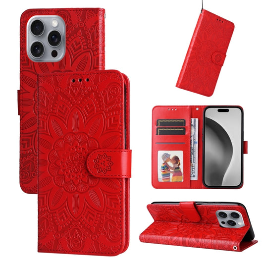 For iPhone 16 Pro Max Embossed Sunflower Leather Phone Case(Red) by buy2fix