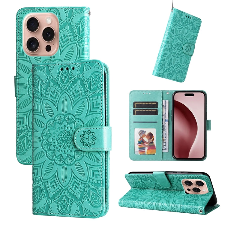 For iPhone 16 Pro Embossed Sunflower Leather Phone Case(Green) by buy2fix