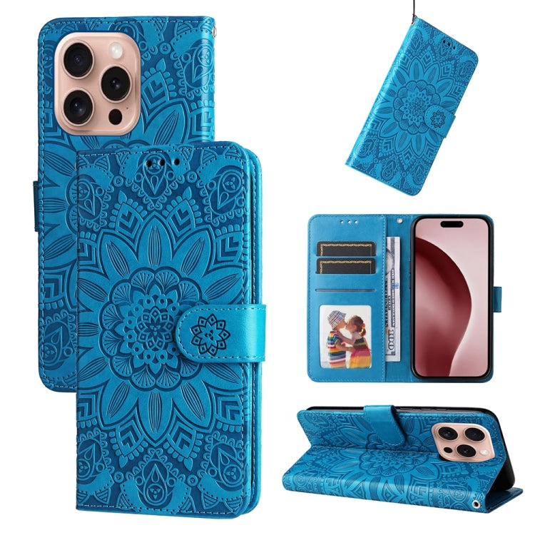 For iPhone 16 Pro Embossed Sunflower Leather Phone Case(Blue) by buy2fix