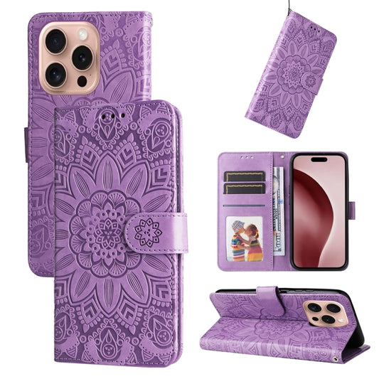 For iPhone 16 Pro Embossed Sunflower Leather Phone Case(Purple) by buy2fix