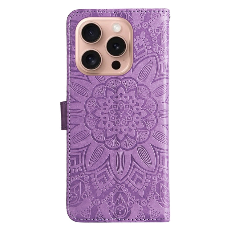 For iPhone 16 Pro Embossed Sunflower Leather Phone Case(Purple) by buy2fix