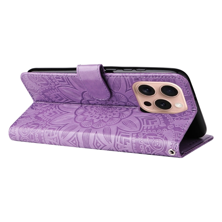 For iPhone 16 Pro Embossed Sunflower Leather Phone Case(Purple) by buy2fix