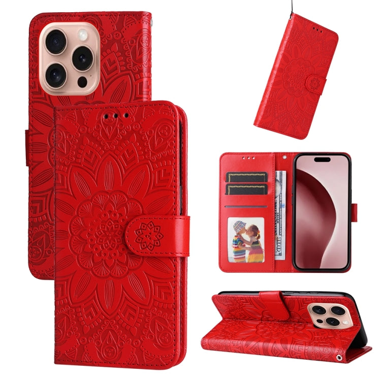 For iPhone 16 Pro Embossed Sunflower Leather Phone Case(Red) by buy2fix