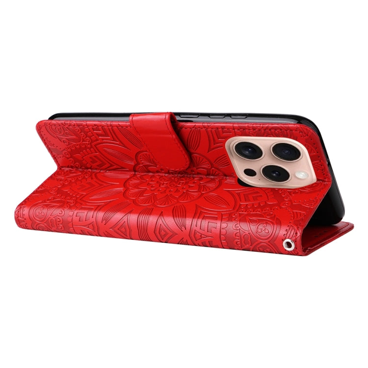 For iPhone 16 Pro Embossed Sunflower Leather Phone Case(Red) by buy2fix