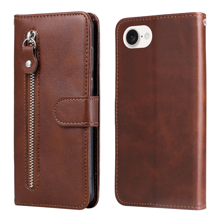 For iPhone 16e Fashion Calf Texture Zipper Leather Phone Case(Brown) - iPhone 16e Cases by buy2fix | Online Shopping UK | buy2fix