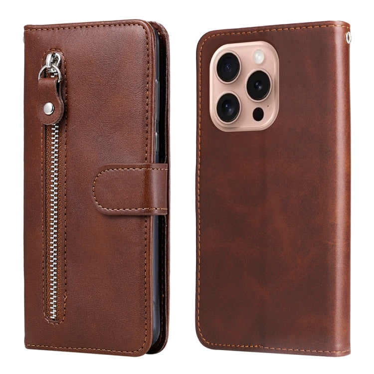 For iPhone 16 Pro Fashion Calf Texture Zipper Leather Phone Case(Brown) by buy2fix