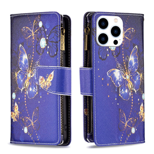 For iPhone 16 Pro Max Colored Drawing Pattern Zipper Phone Leather Case(Purple Butterfly) by buy2fix