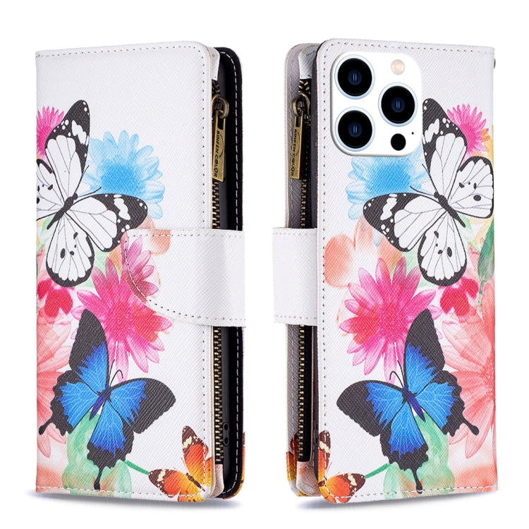 For iPhone 16 Pro Max Colored Drawing Pattern Zipper Phone Leather Case(Two Butterflies) by buy2fix
