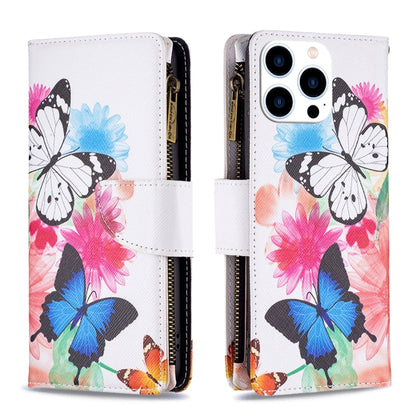 For iPhone 16 Pro Max Colored Drawing Pattern Zipper Phone Leather Case(Two Butterflies) by buy2fix