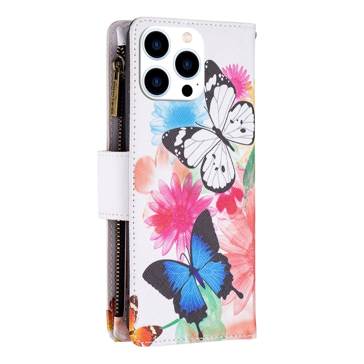 For iPhone 16 Pro Max Colored Drawing Pattern Zipper Phone Leather Case(Two Butterflies) by buy2fix
