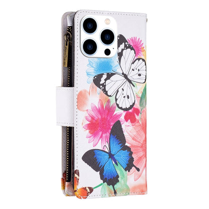 For iPhone 16 Pro Max Colored Drawing Pattern Zipper Phone Leather Case(Two Butterflies) by buy2fix