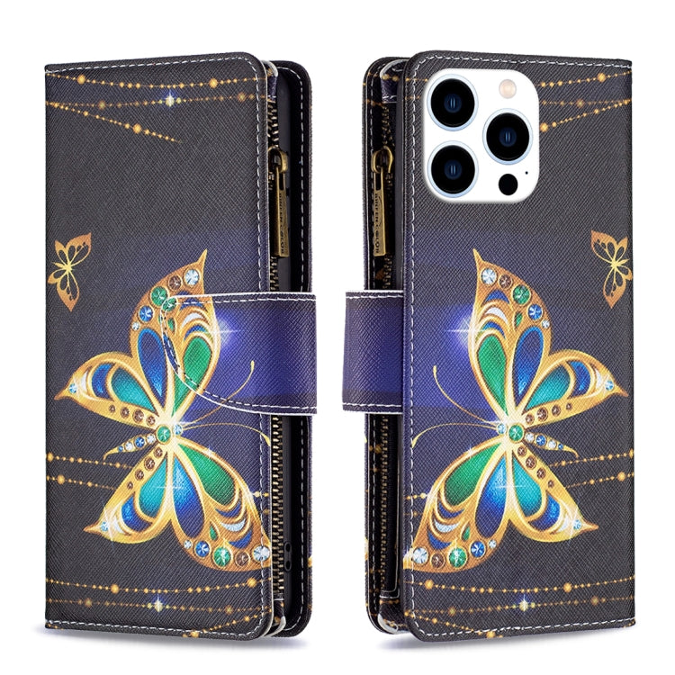 For iPhone 16 Pro Max Colored Drawing Pattern Zipper Phone Leather Case(Big Butterfly) by buy2fix