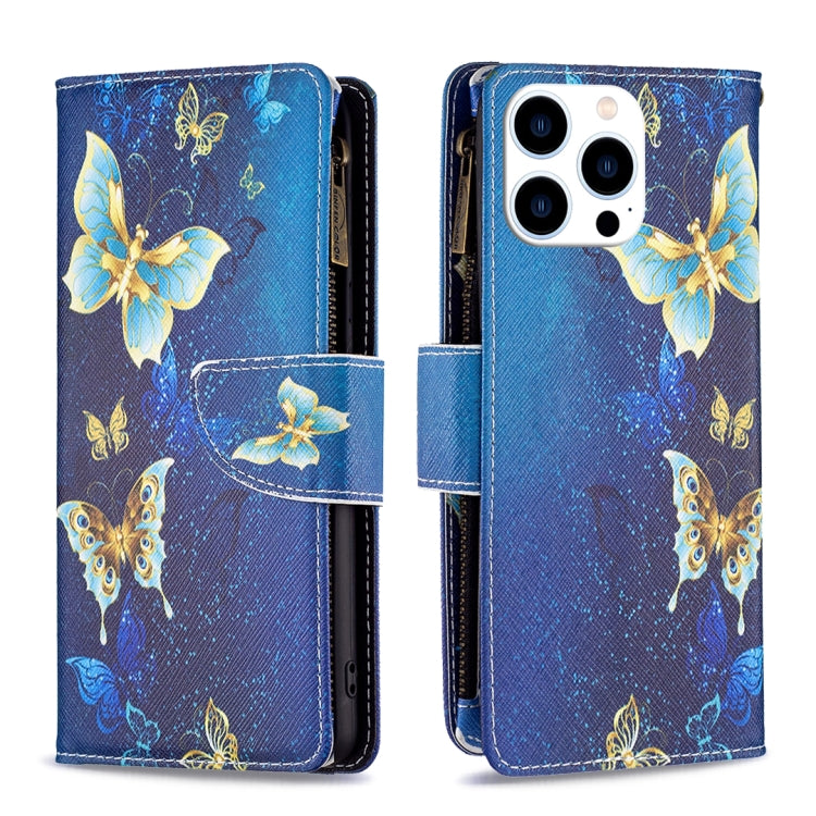 For iPhone 16 Pro Max Colored Drawing Pattern Zipper Phone Leather Case(Gold Butterfly) by buy2fix