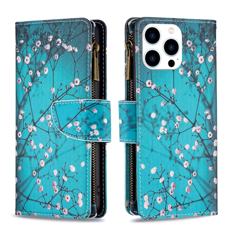 For iPhone 16 Pro Max Colored Drawing Pattern Zipper Phone Leather Case(Plum Blossom) by buy2fix
