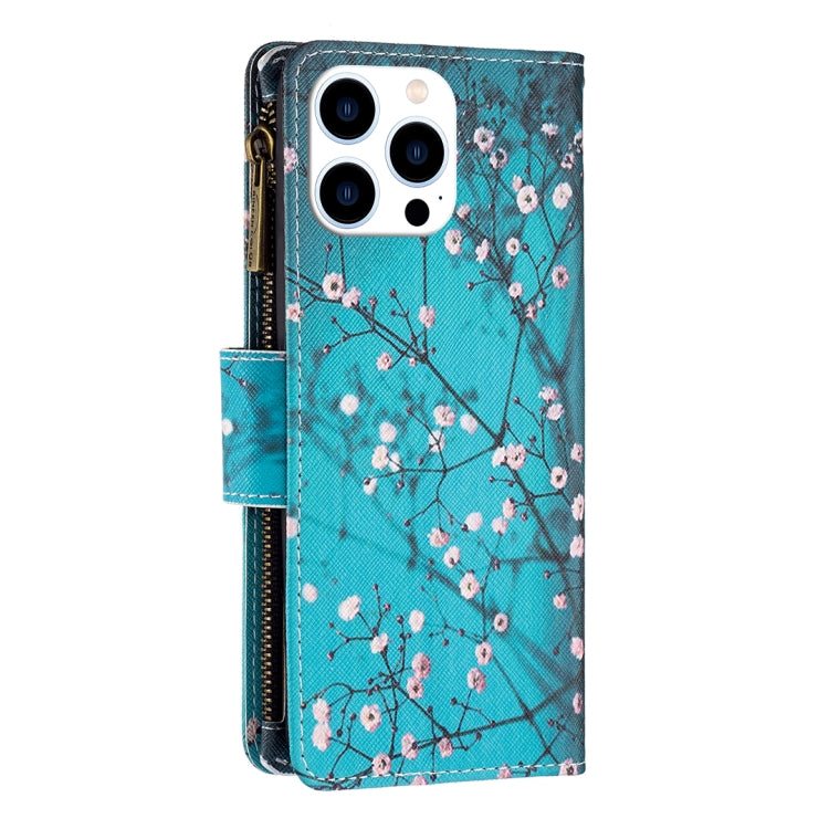 For iPhone 16 Pro Max Colored Drawing Pattern Zipper Phone Leather Case(Plum Blossom) by buy2fix