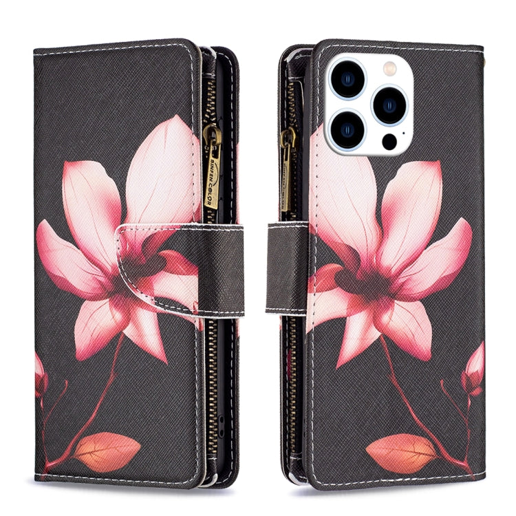 For iPhone 16 Pro Max Colored Drawing Pattern Zipper Phone Leather Case(Lotus) by buy2fix