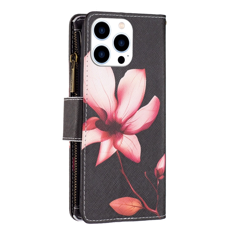 For iPhone 16 Pro Max Colored Drawing Pattern Zipper Phone Leather Case(Lotus) by buy2fix