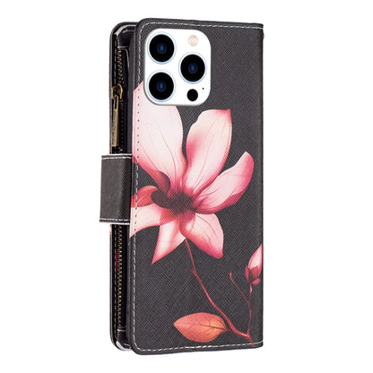 For iPhone 16 Pro Max Colored Drawing Pattern Zipper Phone Leather Case(Lotus) by buy2fix