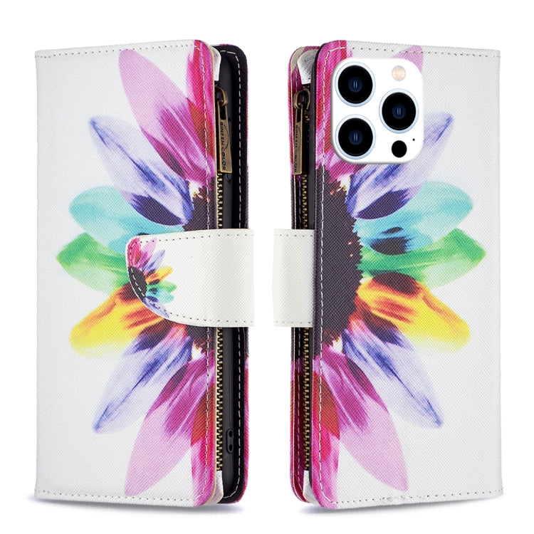 For iPhone 16 Pro Max Colored Drawing Pattern Zipper Phone Leather Case(Sun Flower) by buy2fix