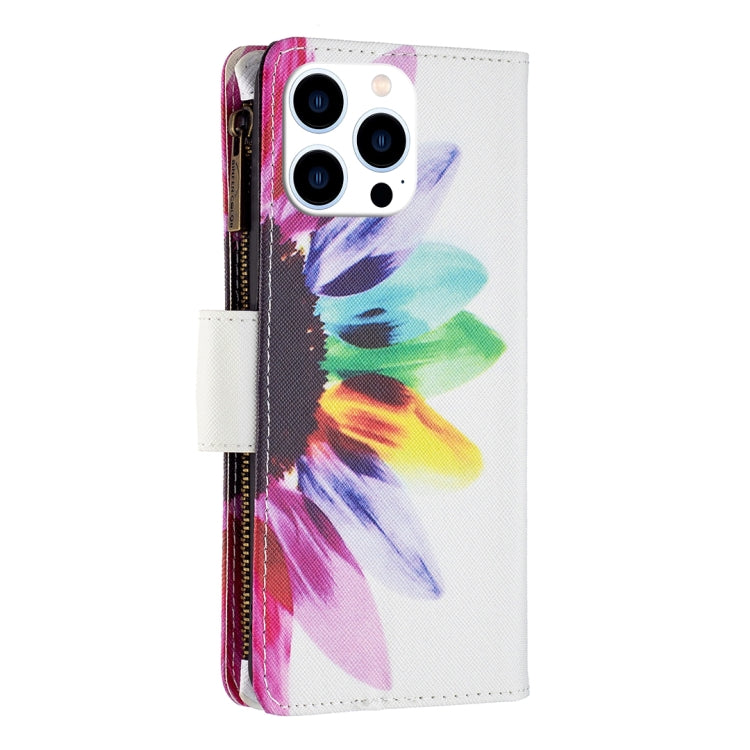 For iPhone 16 Pro Max Colored Drawing Pattern Zipper Phone Leather Case(Sun Flower) by buy2fix