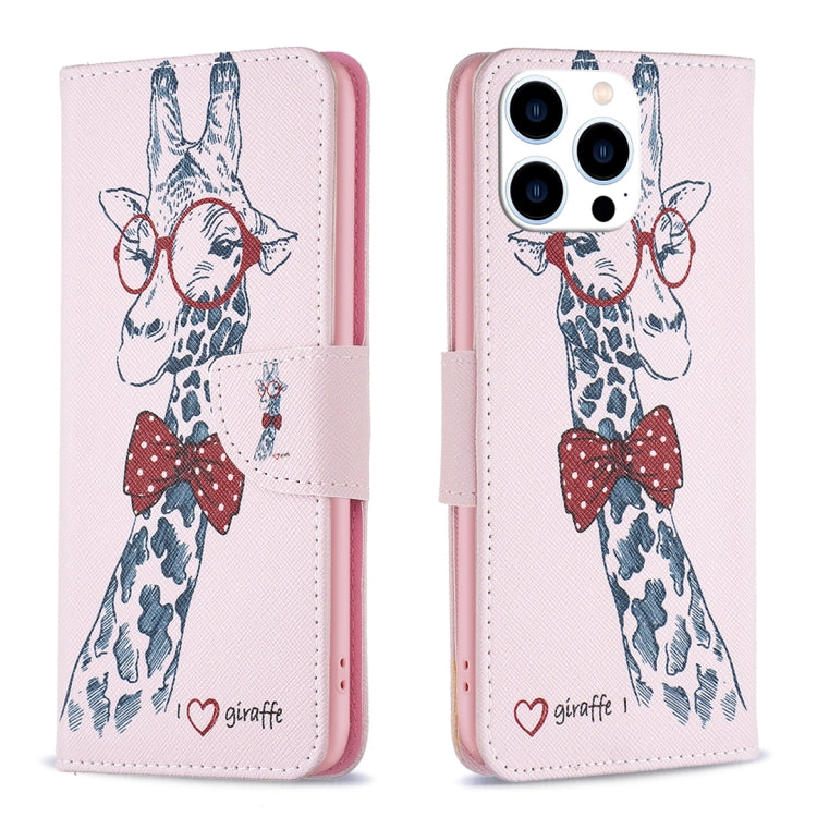 For iPhone 16 Pro Max Colored Drawing Pattern Leather Phone Case(Giraffe) by buy2fix