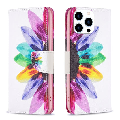 For iPhone 16 Pro Max Colored Drawing Pattern Leather Phone Case(Sun Flower) by buy2fix