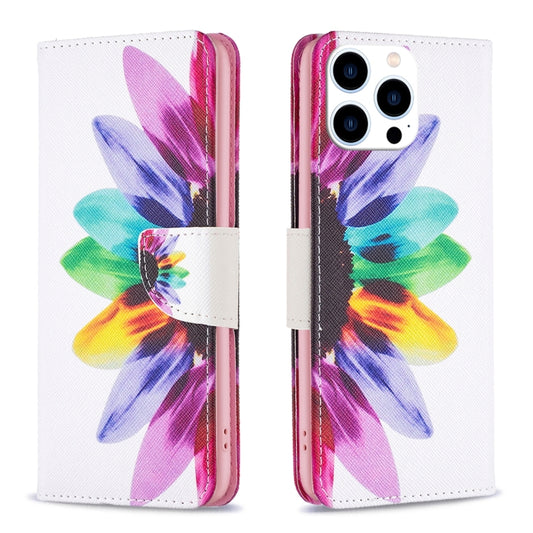 For iPhone 16 Pro Max Colored Drawing Pattern Leather Phone Case(Sun Flower) by buy2fix
